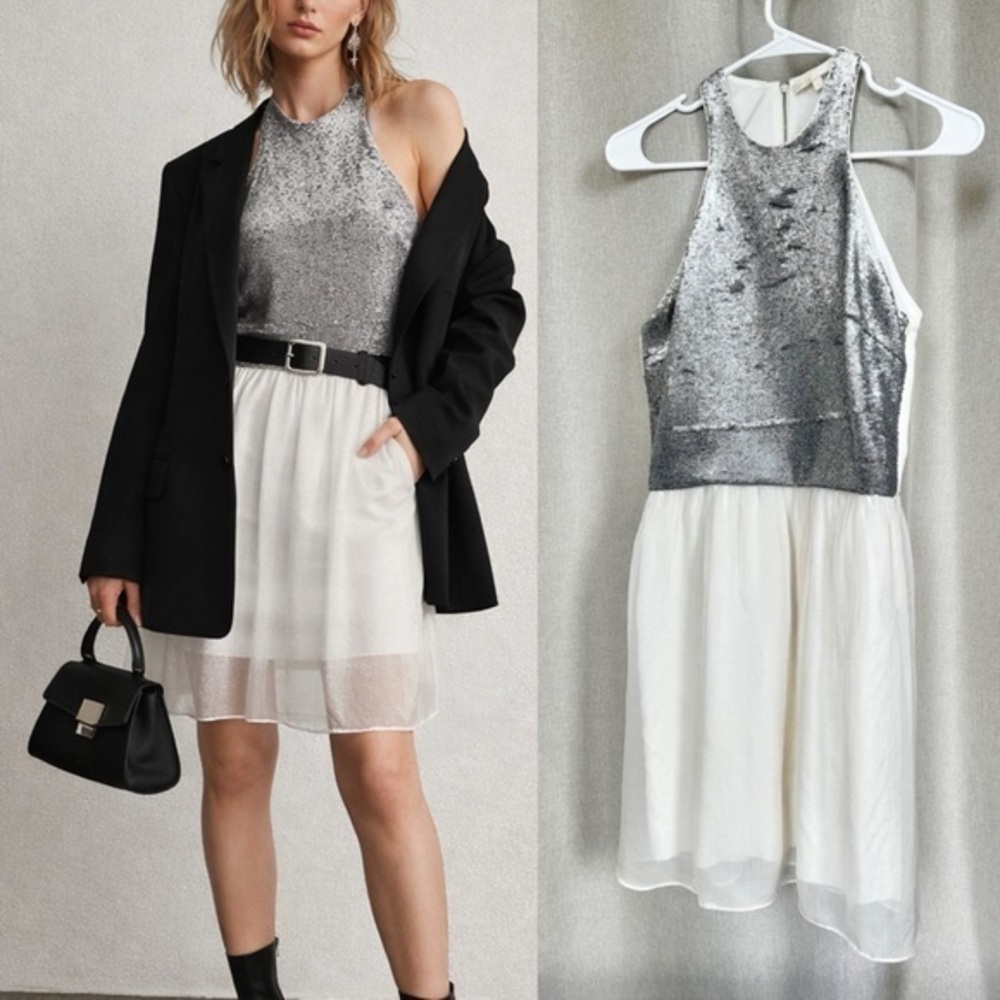 Maje Silk Sequin White Sleeveless Mini Dress S